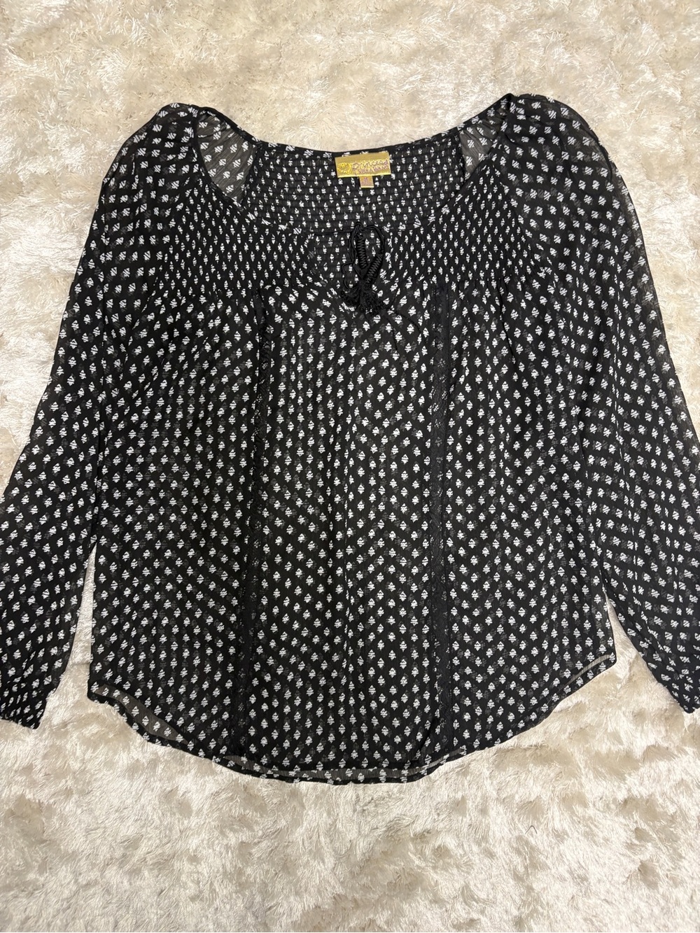 Vera Wang Black Sheer Printed Peasant Blouse